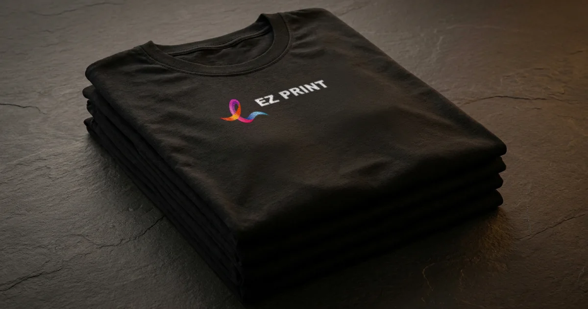 Custom apparel flat lay showing print placements and size standards for left chest, front, and sleeve