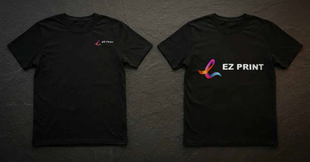 Two black T-shirts laid flat: a small left-chest EZ Print logo on one and a large centred print on the other.