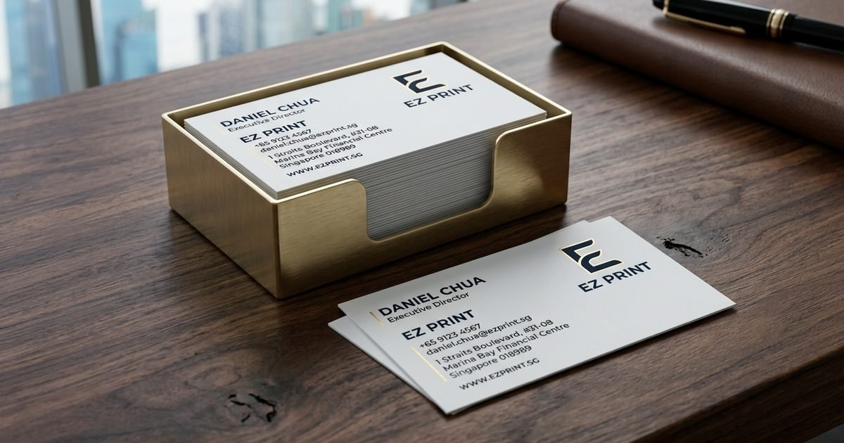Printed sample of 310gsm matte laminated corporate name cards in brushed brass holder.