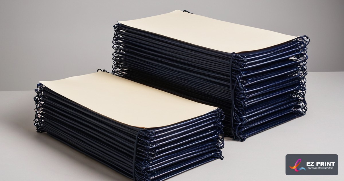 Illustration of stacks of twin-loop wire-bound course packs in neat bundles on a clean seminar desk.