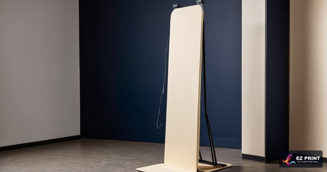 Illustration of a blank freestanding display board on a metal stand.