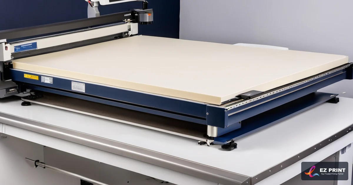 Illustration of a flatbed cutting table with a blank board on its bed.