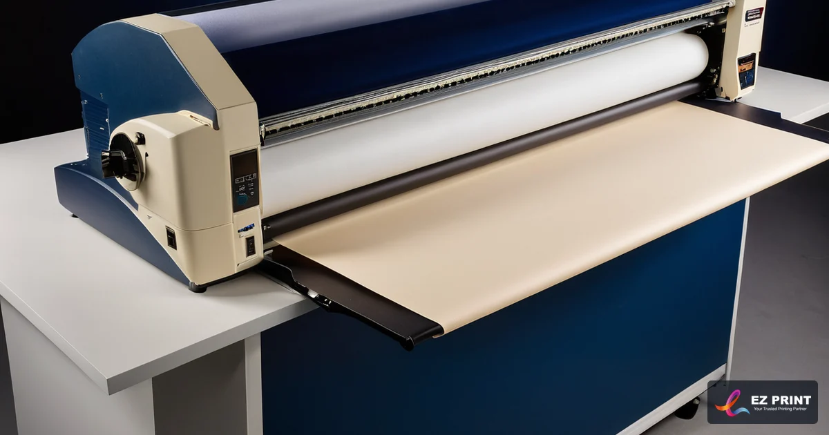 Illustration of a wide-format roll laminator with a sheet feeding through.