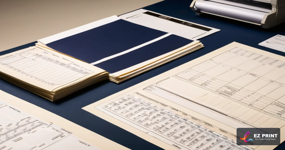 Illustration of digital production press printing double-sided tender annexes with crisp financial tables and charts.