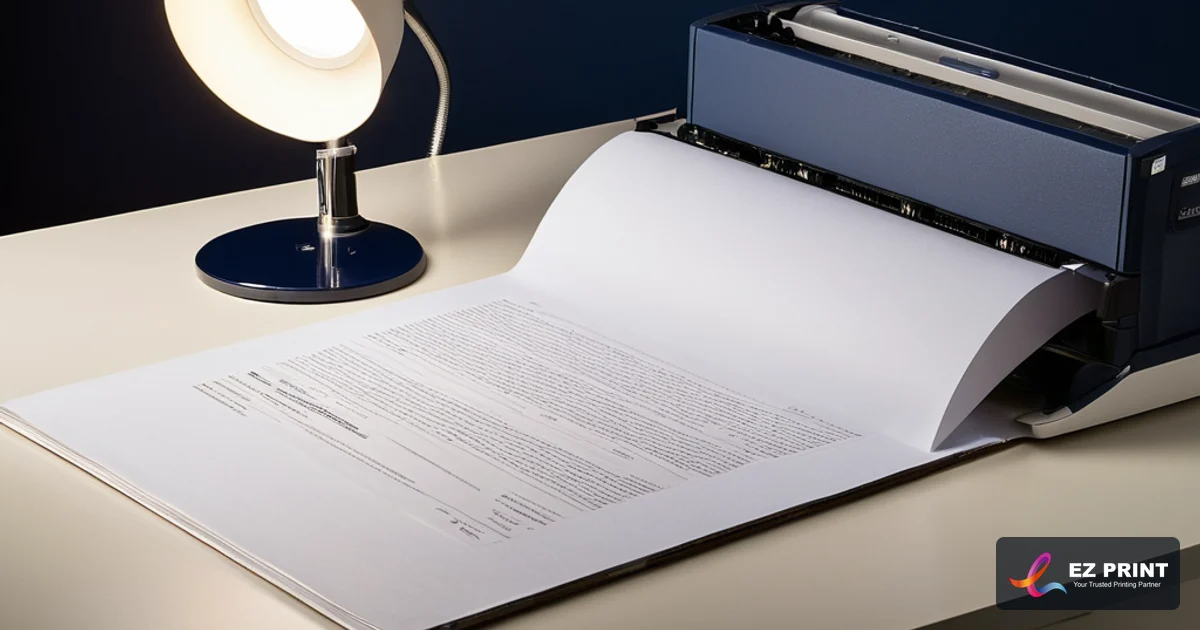 Illustration of high-speed digital monochrome and colour production press processing multi-page legal document annexes with sharp text.