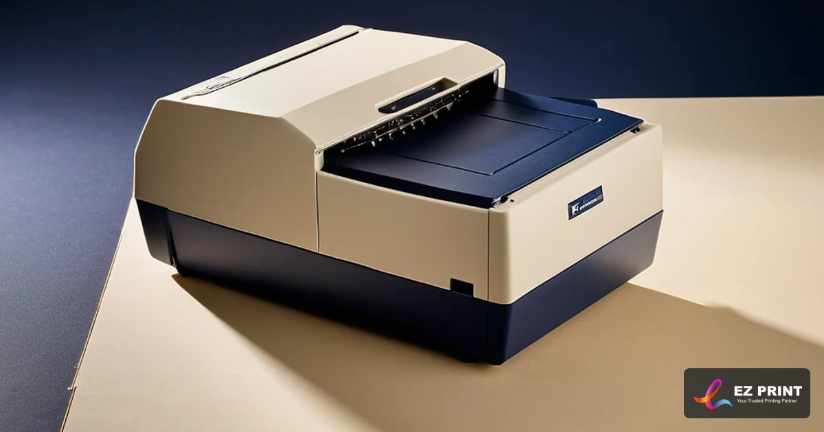 Illustration of heavy-duty electric paper punch punching 3:1 pitch square holes along document margins for twin-wire binding.