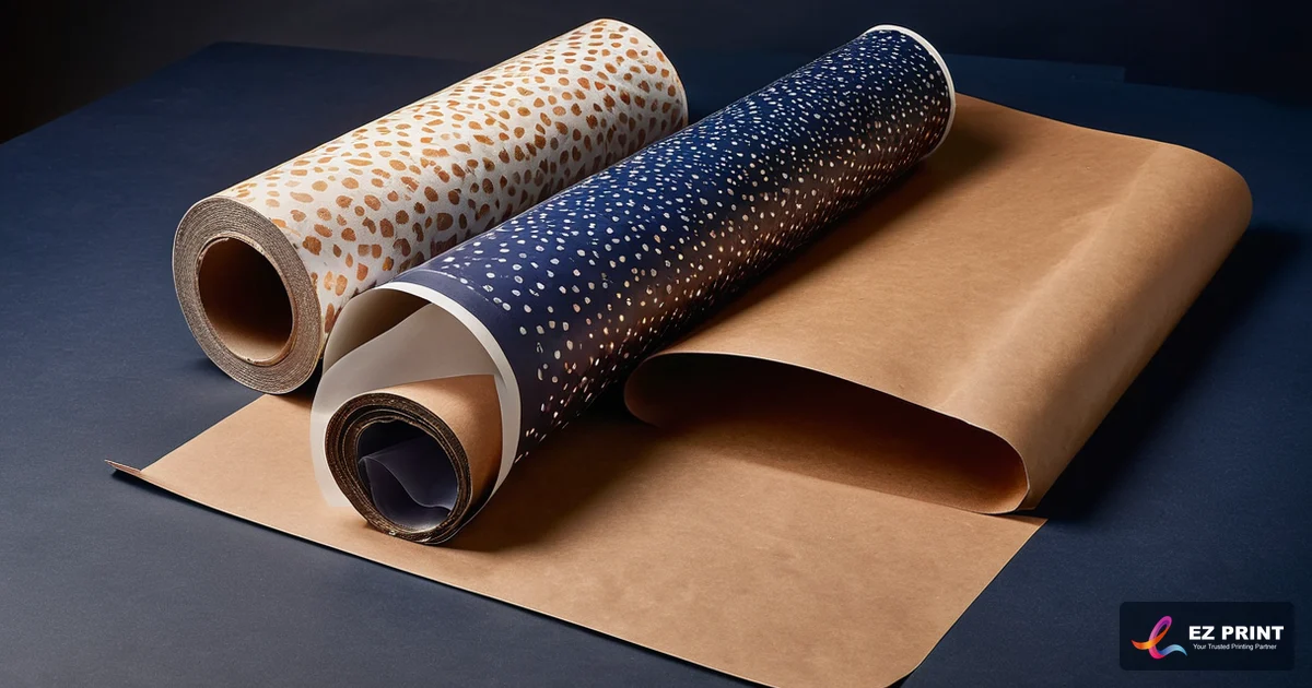 Illustration of two rolled printed sheets on kraft paper.
