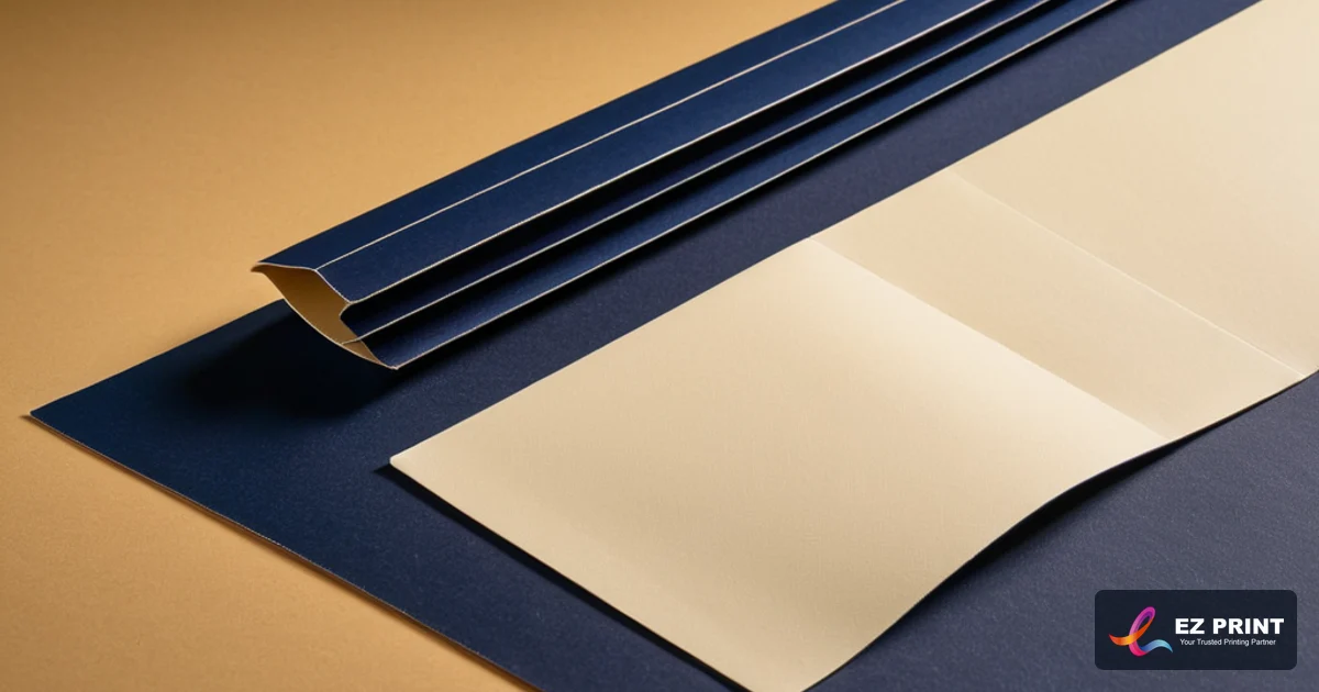 Illustration of die-cut cylinder platen press cutting interlocking pocket tabs and scoring fold lines on 350gsm premium art cardstock.