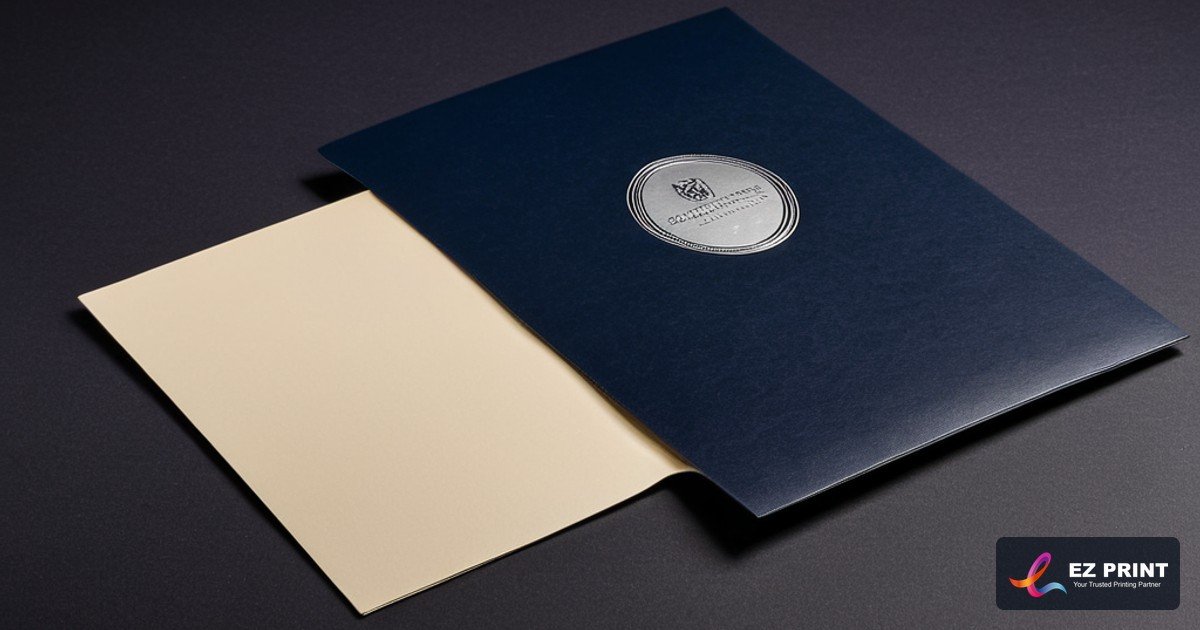 Open luxury corporate presentation folder with single pocket, business card slit, and foil stamped emblem on dark navy cardstock.
