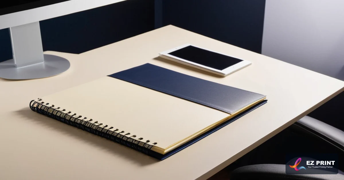Illustration of executive pitch deck wire-o bound with frosted acetate cover inserted into custom presentation folder pocket.
