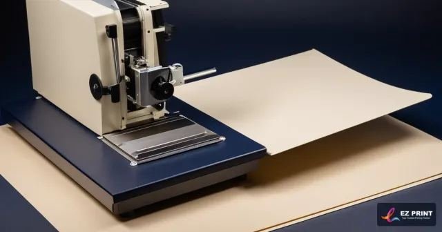 Illustration of a creasing machine beside a sheet of cream card stock.