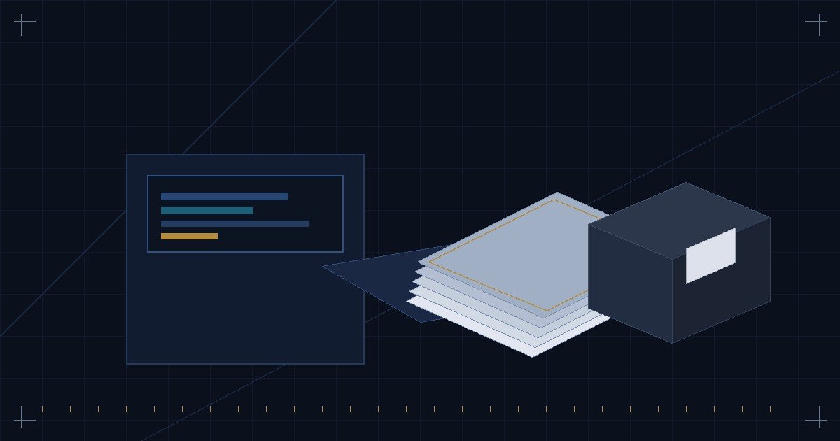 Illustration of commercial digital print queue handling after-hours document production with automated preflight diagnostics and stacked presentation collaterals.