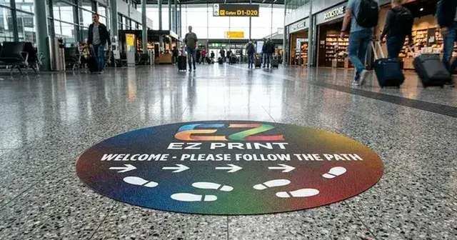A slip-resistant printed commercial floor graphic decal.