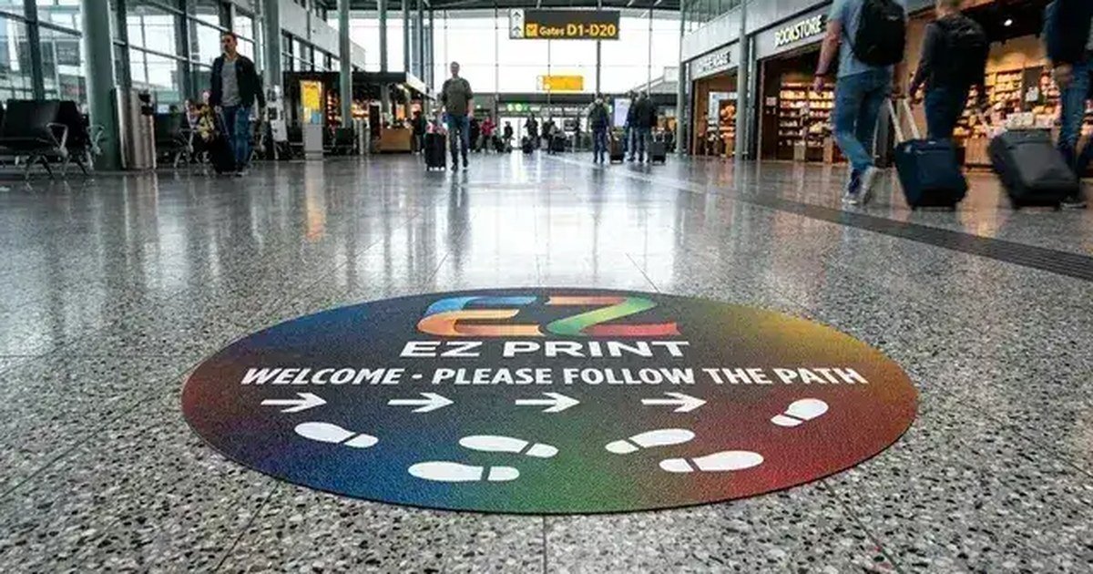 A slip-resistant printed commercial floor graphic decal.