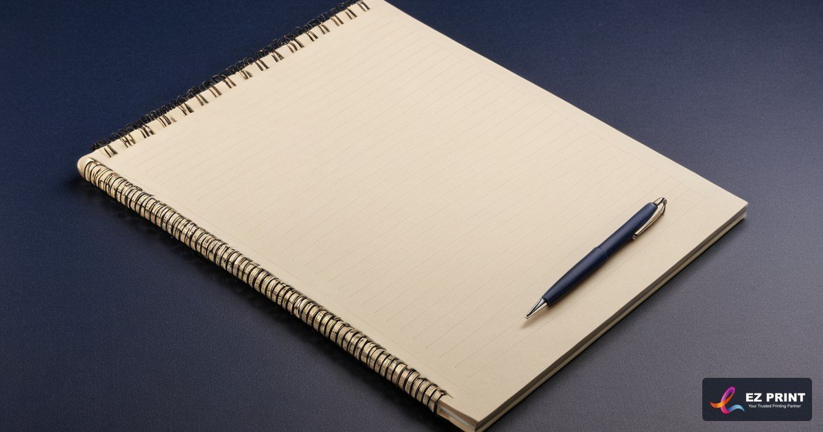 Illustration of a wire-bound lined notebook with a pen on a dark surface.