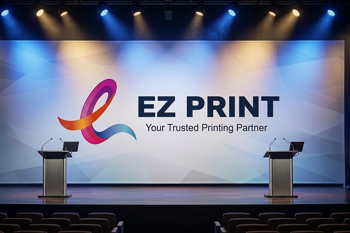 Photograph of a stage backdrop printed with the EZ Print logo behind two lecterns, under stage lights.