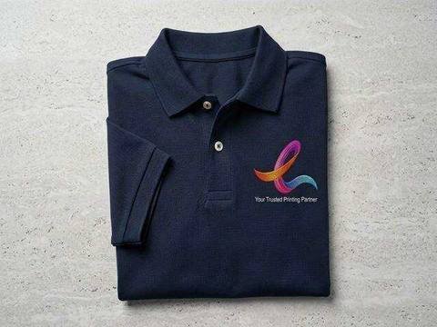 A luxury dark navy corporate pique polo shirt with embroidered EZ Print ribbon logo on a travertine surface.