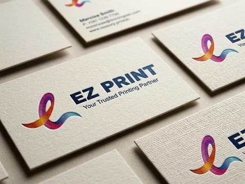 Luxury tactile textured linen and cotton business cards with debossed EZ Print ribbon mark in authentic 3D perspective.