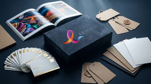 Luxury bespoke commercial print showcase with gilded business cards, open lookbook, and embossed presentation box.