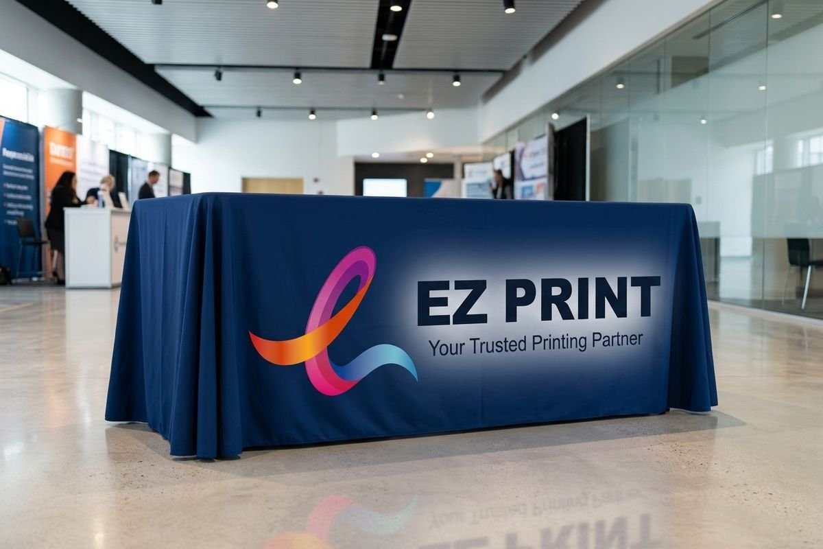 Branded Table Throw Draped over Exhibition Table with Crisp Logo Printing