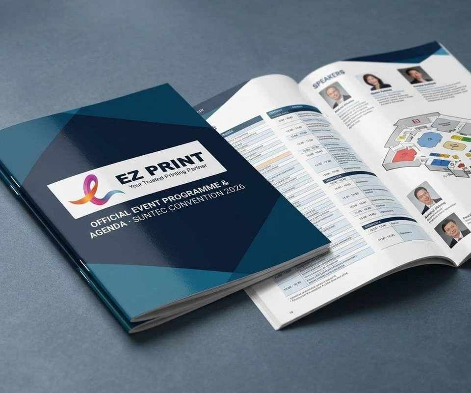 An open full-color saddle-stitched event programme booklet on silk art paper displaying Singapore event agenda spreads.