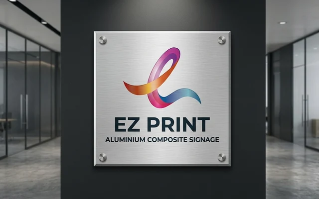 Rigid aluminium composite signs for outdoor industrial building facades, with the EZ Print logo.