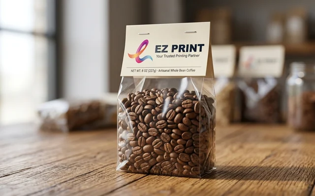 Bag toppers stapled onto clear packaging, with the EZ Print logo.