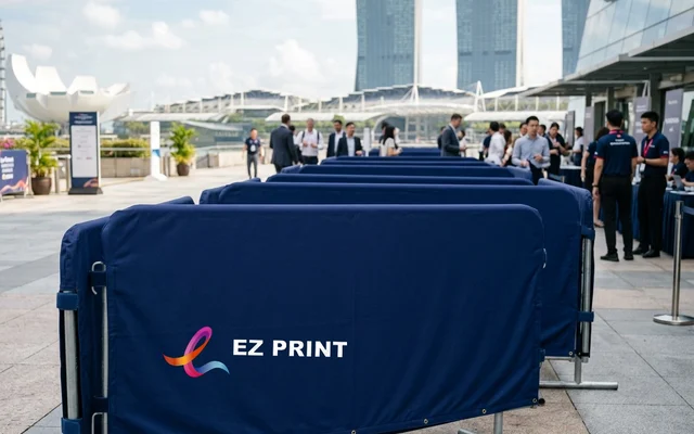 Crowd barrier banners fitted onto modular metal crowd control barriers, with the EZ Print logo.