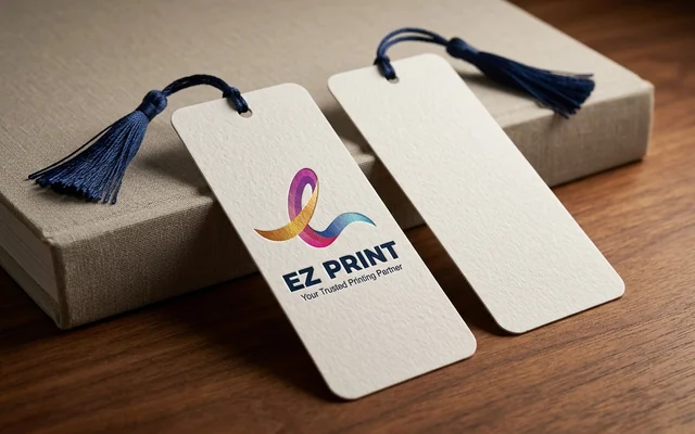 Printed bookmarks with matte finish and clean trimmed edges, with the EZ Print logo.