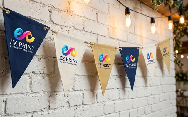 Triangular bunting flags strung along durable header ribbon, with the EZ Print logo.
