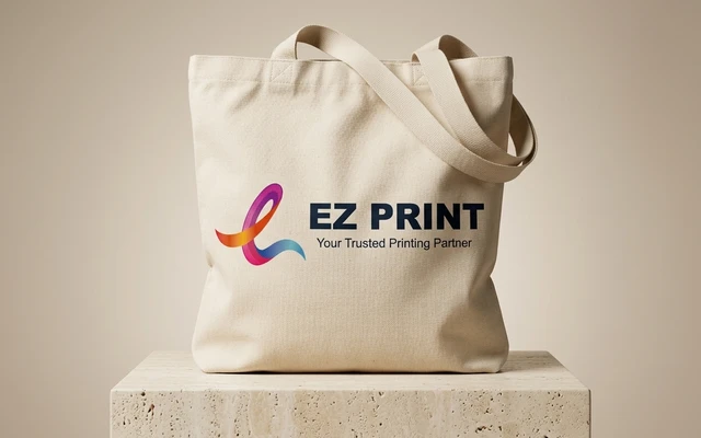 Natural cotton canvas tote bags with reinforced fabric shoulder straps, with the EZ Print logo.