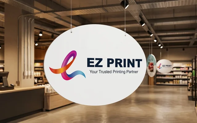 Double-sided ceiling danglers suspended from retail store ceilings, with the EZ Print logo.