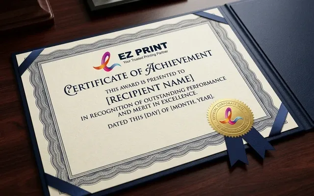 Formal achievement certificates with ornate guilloche border and foil seal, with the EZ Print logo.