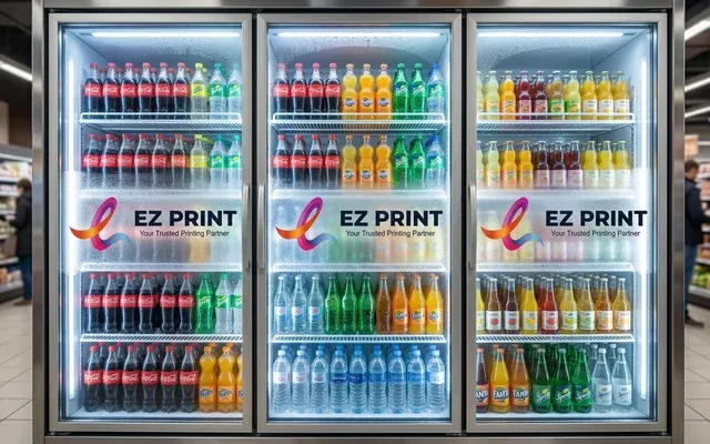 Printed chiller graphics applied to glass beverage display doors, with the EZ Print logo.