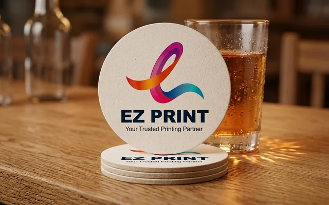 Absorbent pulpboard drink coasters with water-resistant print, with the EZ Print logo.