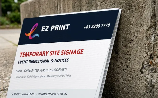 Lightweight corrugated plastic signs for temporary outdoor events, with the EZ Print logo.