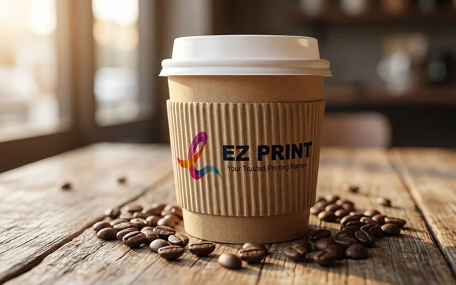 Custom printed coffee cup sleeves on takeaway cups, with the EZ Print logo.