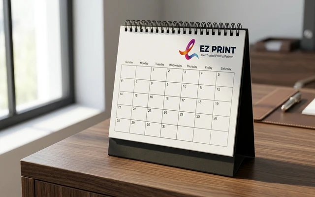 Spiral desk calendars standing upright on a tabletop, with the EZ Print logo.