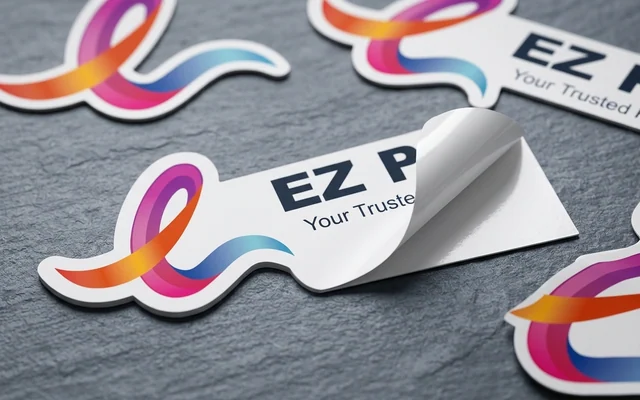 Die-cut stickers trimmed precisely to the contours of the custom design, with the EZ Print logo.