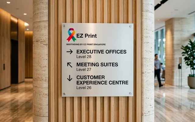 Directional signs for wayfinding in commercial buildings, with the EZ Print logo.