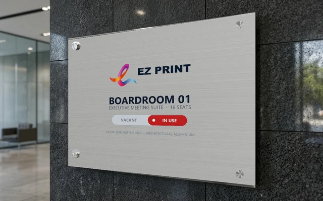 Custom door signs with tactile lettering and wall mounting, with the EZ Print logo.