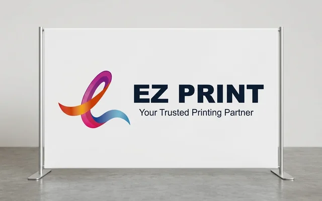 Tension fabric display stands with seamless stretch fabric cover, with the EZ Print logo.