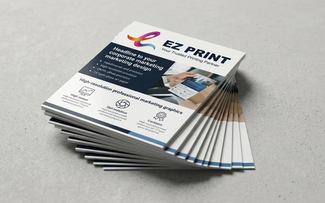 Printed flyers arranged on a studio surface, with the EZ Print logo.