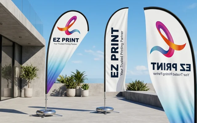 Feather flying banners with curved mast and ground stake base, with the EZ Print logo.
