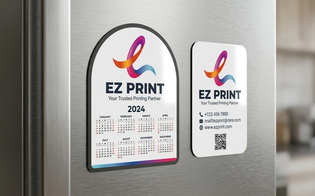 Flexible magnetic rubber fridge magnets die-cut into custom shapes, with the EZ Print logo.