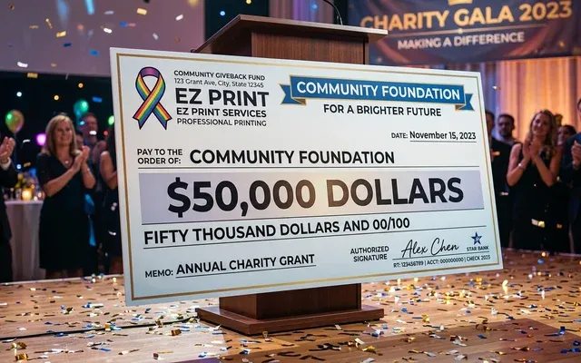 Giant mock cheque presentation board for ceremonies, with the EZ Print logo.
