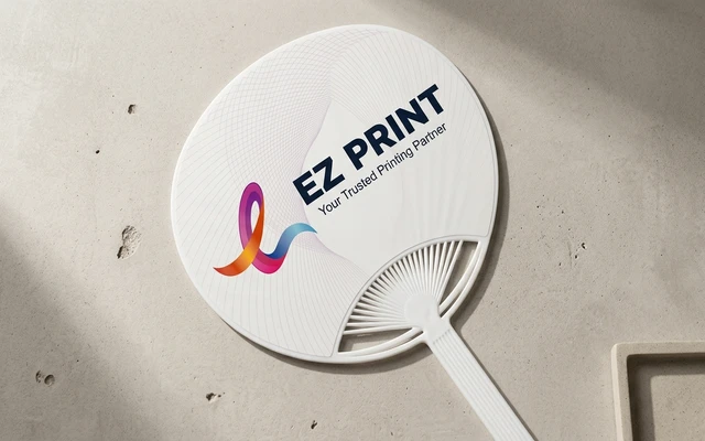 Plastic and paper hand fans with die-cut grip handle, with the EZ Print logo.