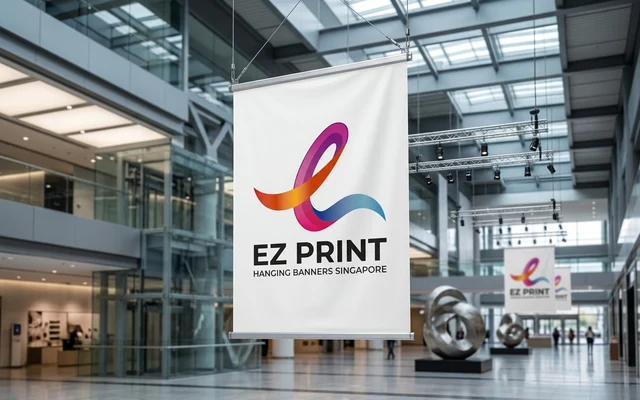 Hanging banners with top and bottom aluminium poster rails, with the EZ Print logo.