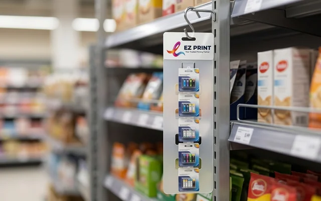 Hangsell displays with peg hooks for blister-packed products, with the EZ Print logo.