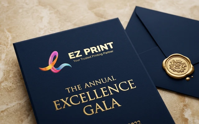Formal invitation cards with foil-stamped borders and matching envelopes, with the EZ Print logo.